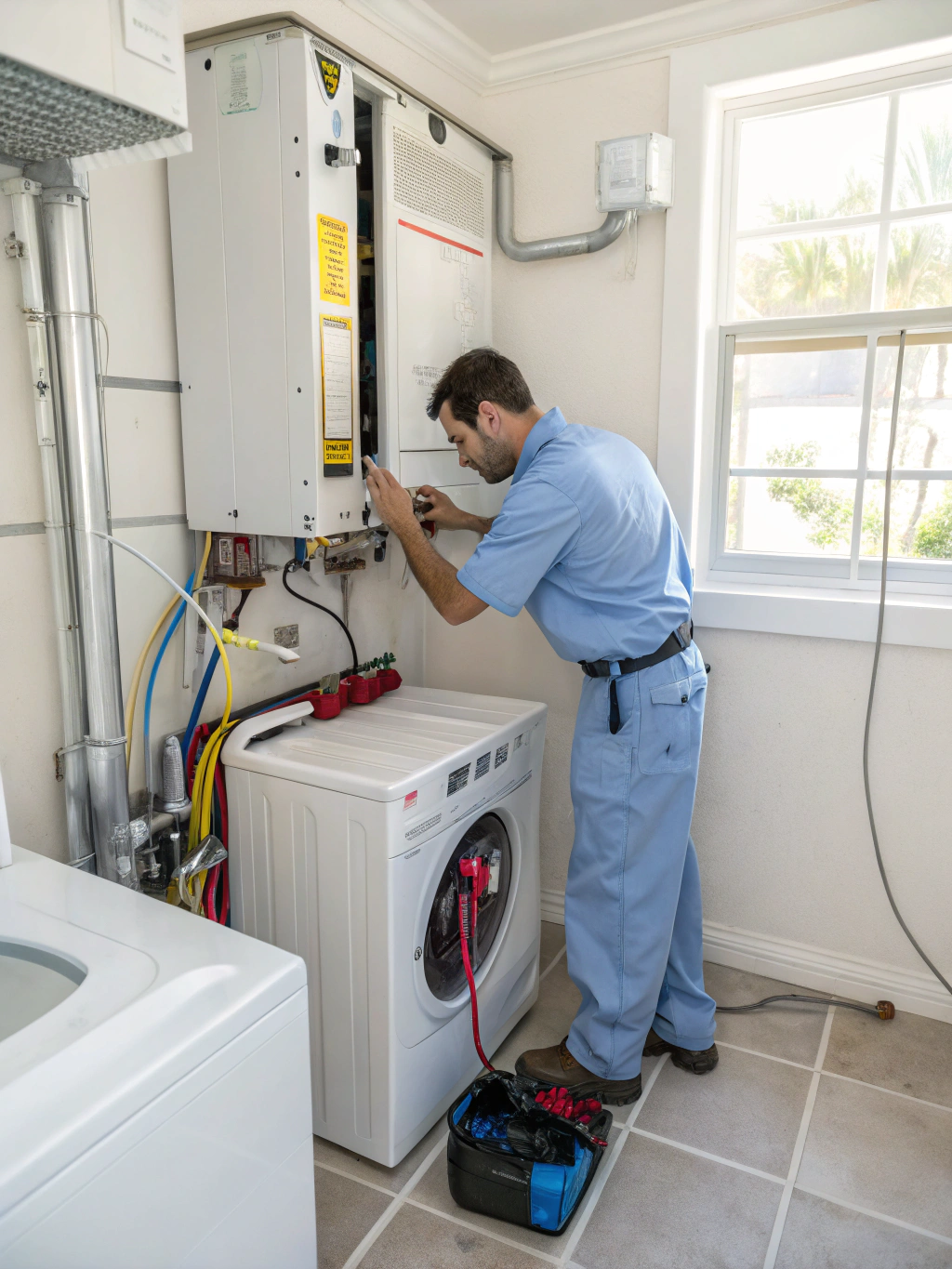 Technician removing the dryer cabinet panel to access the heating element