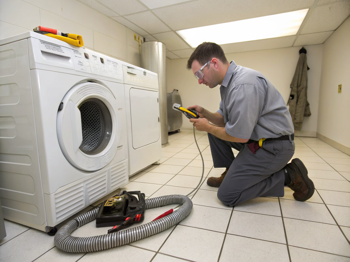 Technician cleaning dryer vent and checking heating element components