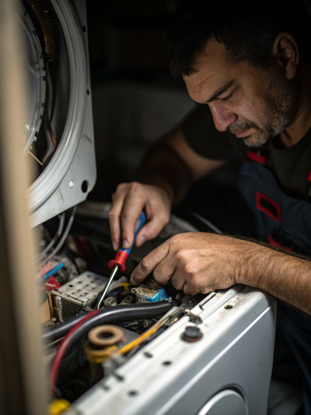 Technician installing a new heating element into a dryer housing