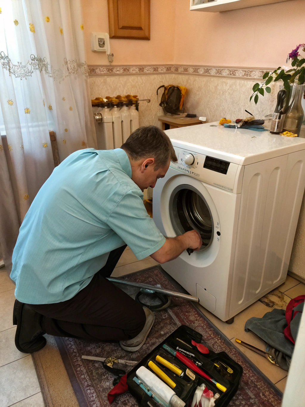 Technician removing a worn drive belt from a dryer drum assembly