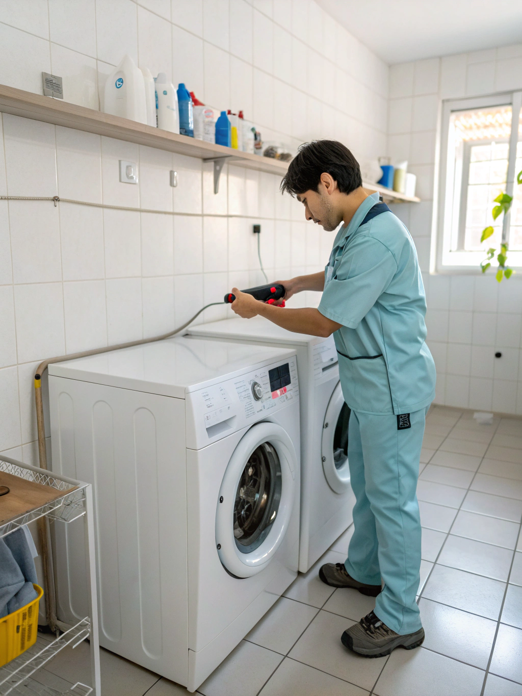 Technician securing the front panel of a washing machine