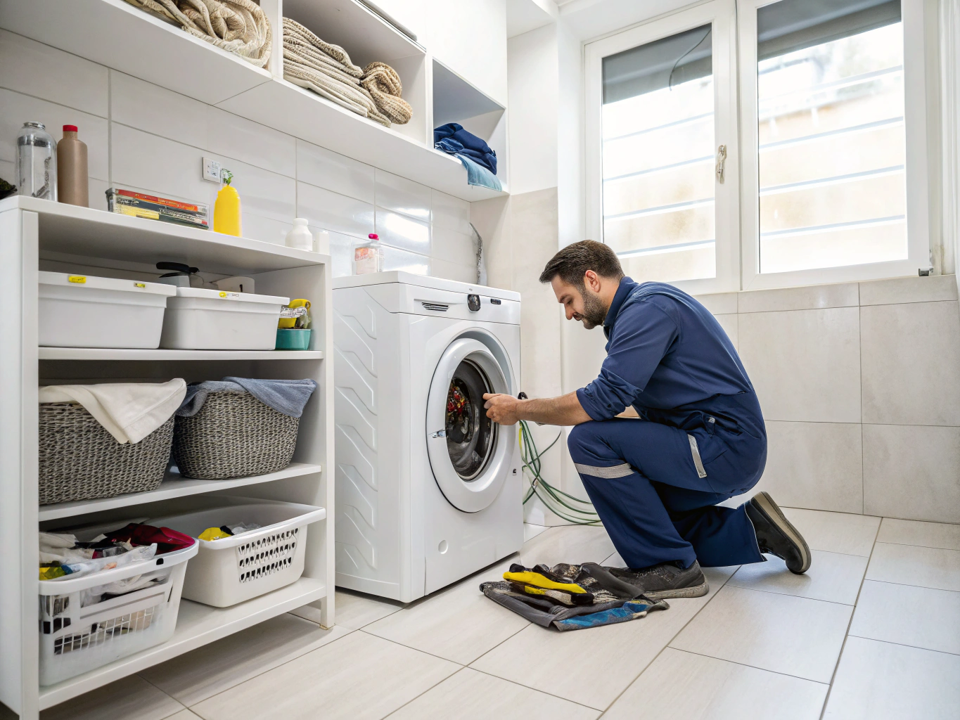 Technician observing a washing machine during a test cycle