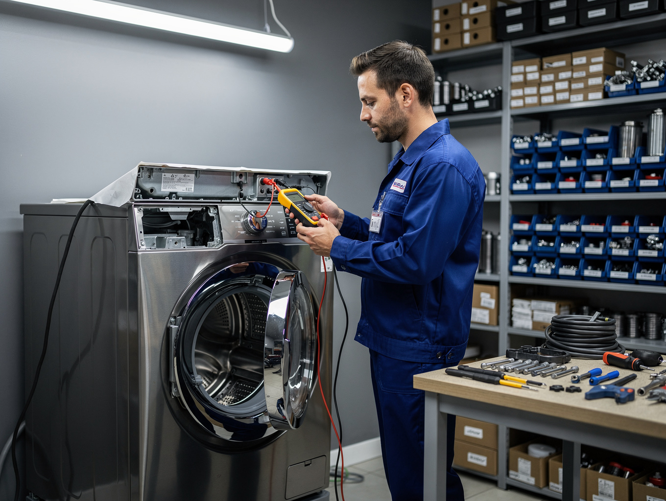 Technician using a multimeter to test washer control board components