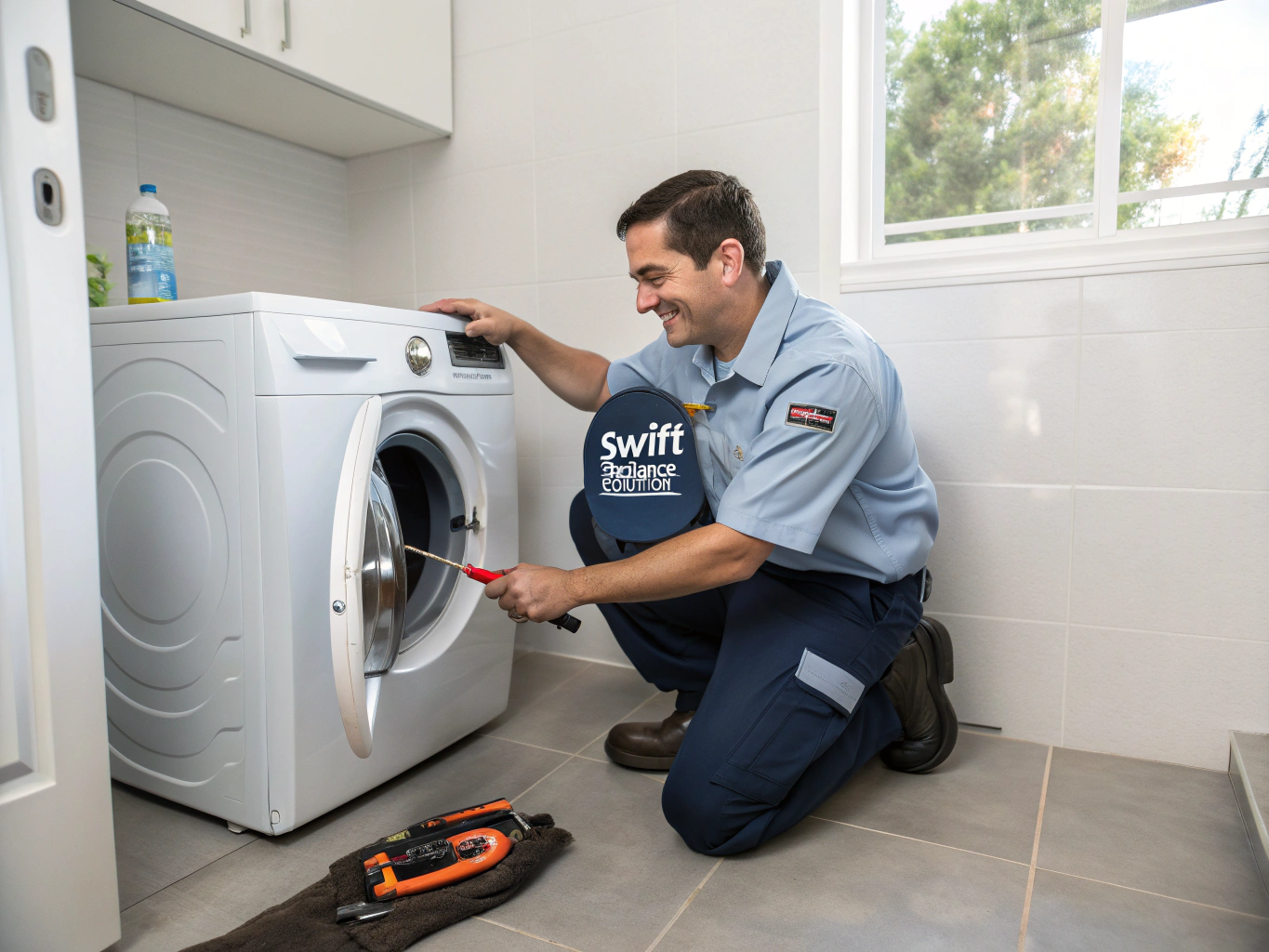 Technician inspecting a washing machine drain pump and hose assembly
