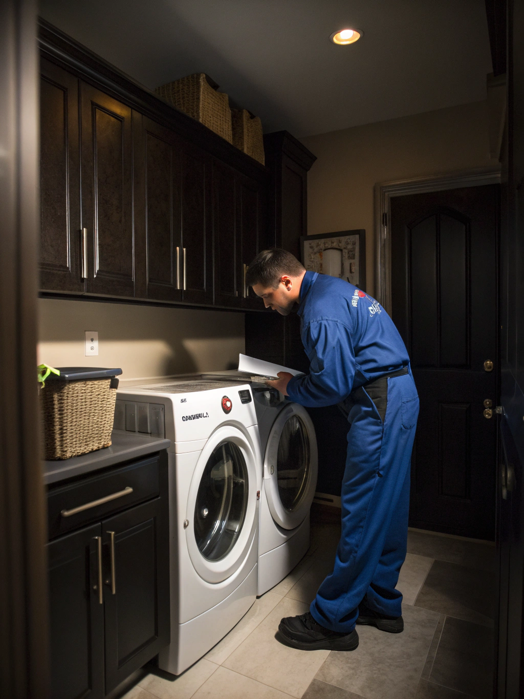Professional technician inspecting a residential washing machine in East Metro Atlanta