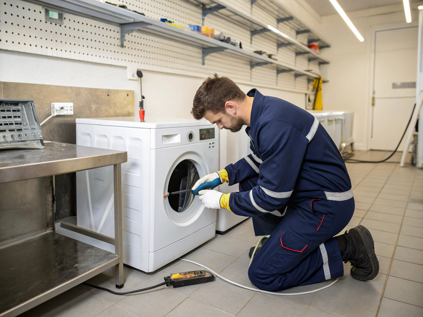Technician inspecting a front-load washing machine drum and motor assembly