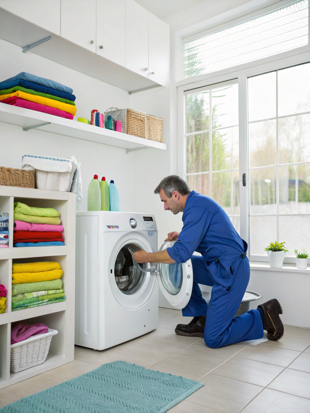 Technician repairing a modern washing machine